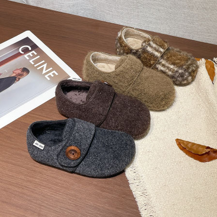 左左家中大童冬季毛呢加绒勃肯鞋新款儿童复古格纹防滑免系带棉鞋