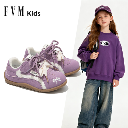 FVM女童鞋儿童紫色德训运动鞋2025秋冬新款女孩加绒休闲软底板鞋