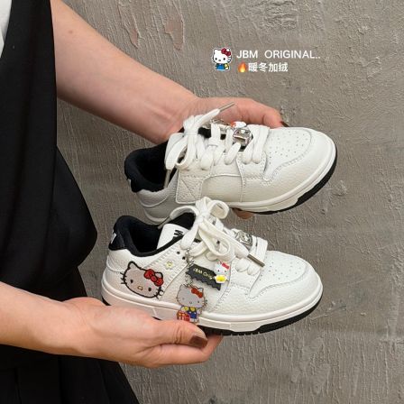 Kitty加绒小白鞋JBM秋冬季潮鞋女童百搭德训鞋软底保暖休闲运动鞋