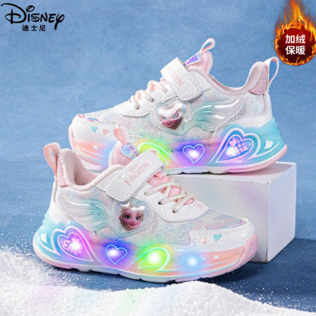 迪士尼女童发光灯鞋冬季加绒保暖二棉鞋加厚防滑艾莎儿童运动鞋子