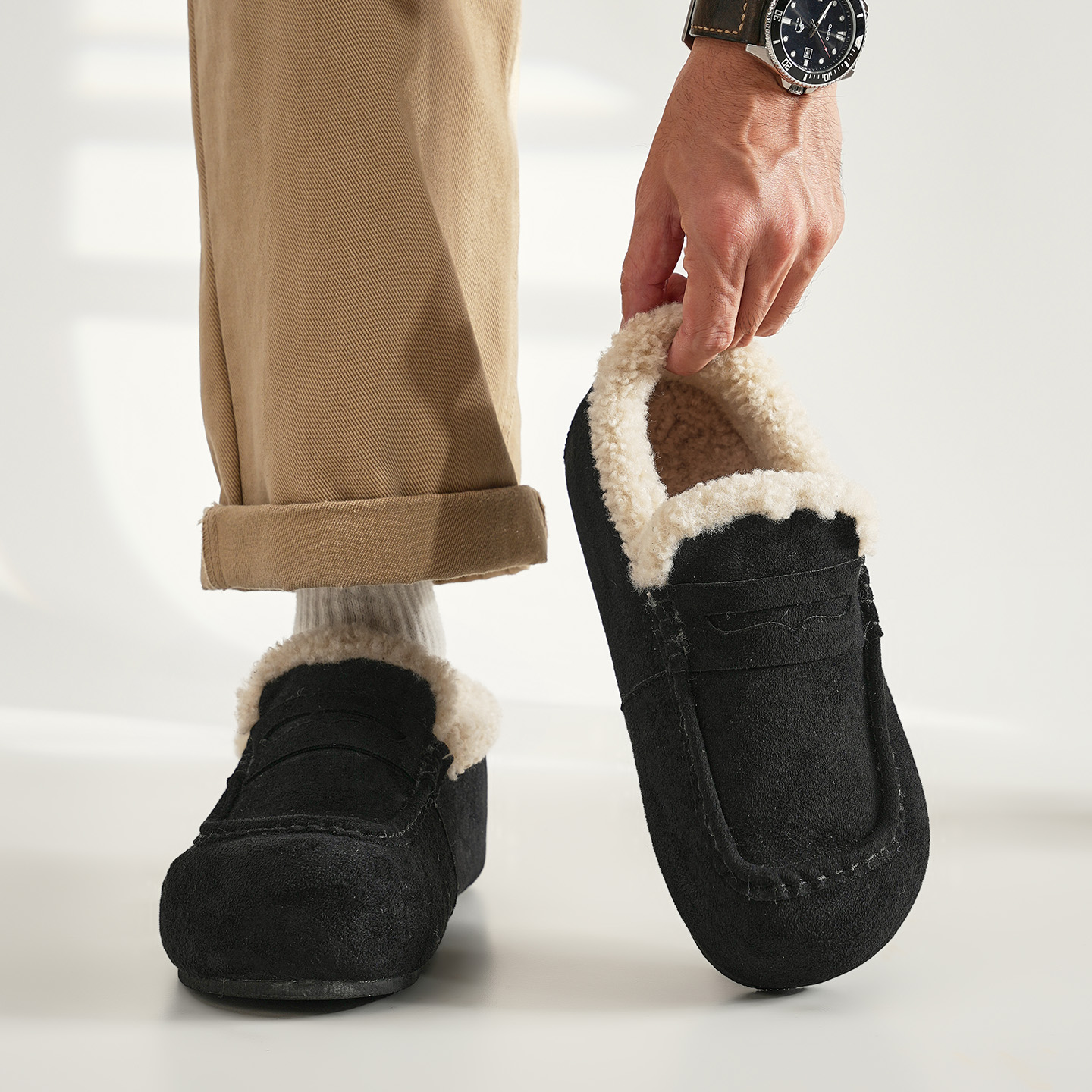 冬季东北小土豆加绒加厚黑色雪地靴男全包勃肯鞋休闲大码懒人棉鞋主图