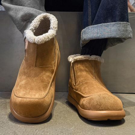 冬季加绒加厚雪地靴男平底休闲懒人保暖大码棉鞋翻毛东北高帮靴子