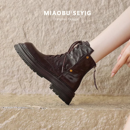 真皮~英伦风厚底马丁靴女2025新款通勤系带短靴女百搭秋冬时装靴