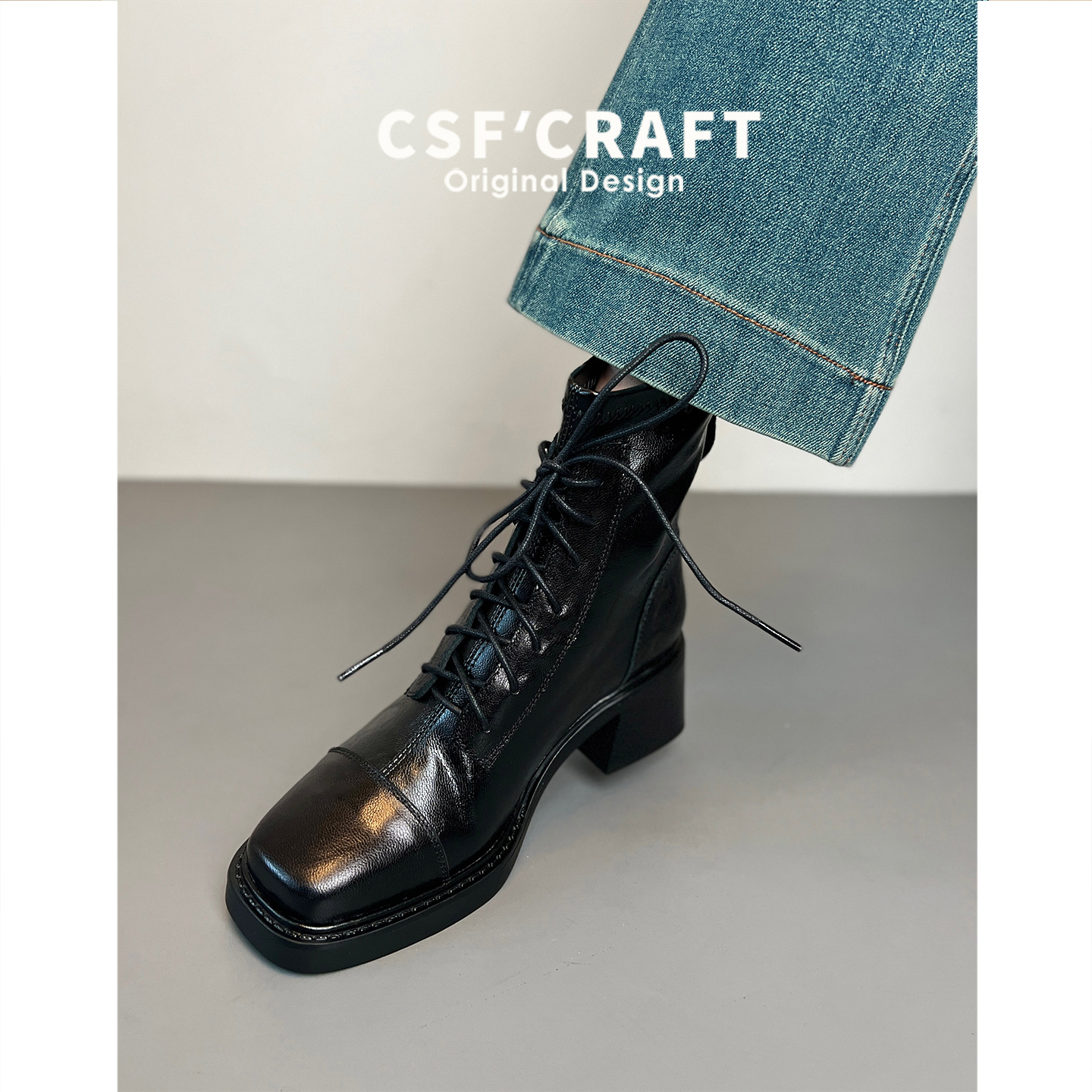 小羊皮通勤百搭系带马丁靴女2025秋冬新款方头粗跟高跟显瘦短靴子主图