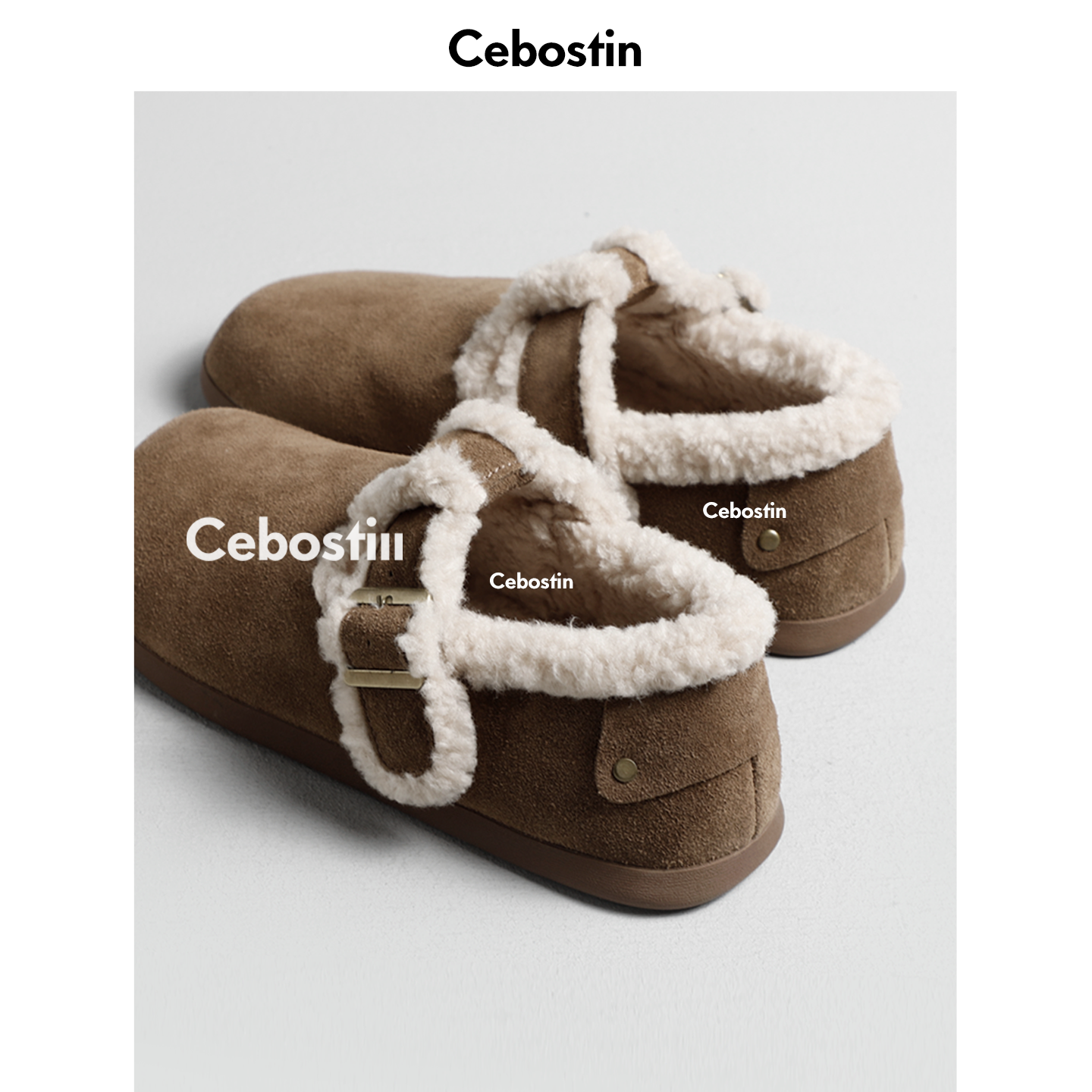 【腹肌商店】毛毛鞋 加绒勃肯鞋女冬一脚蹬复古平底休闲保暖棉鞋主图