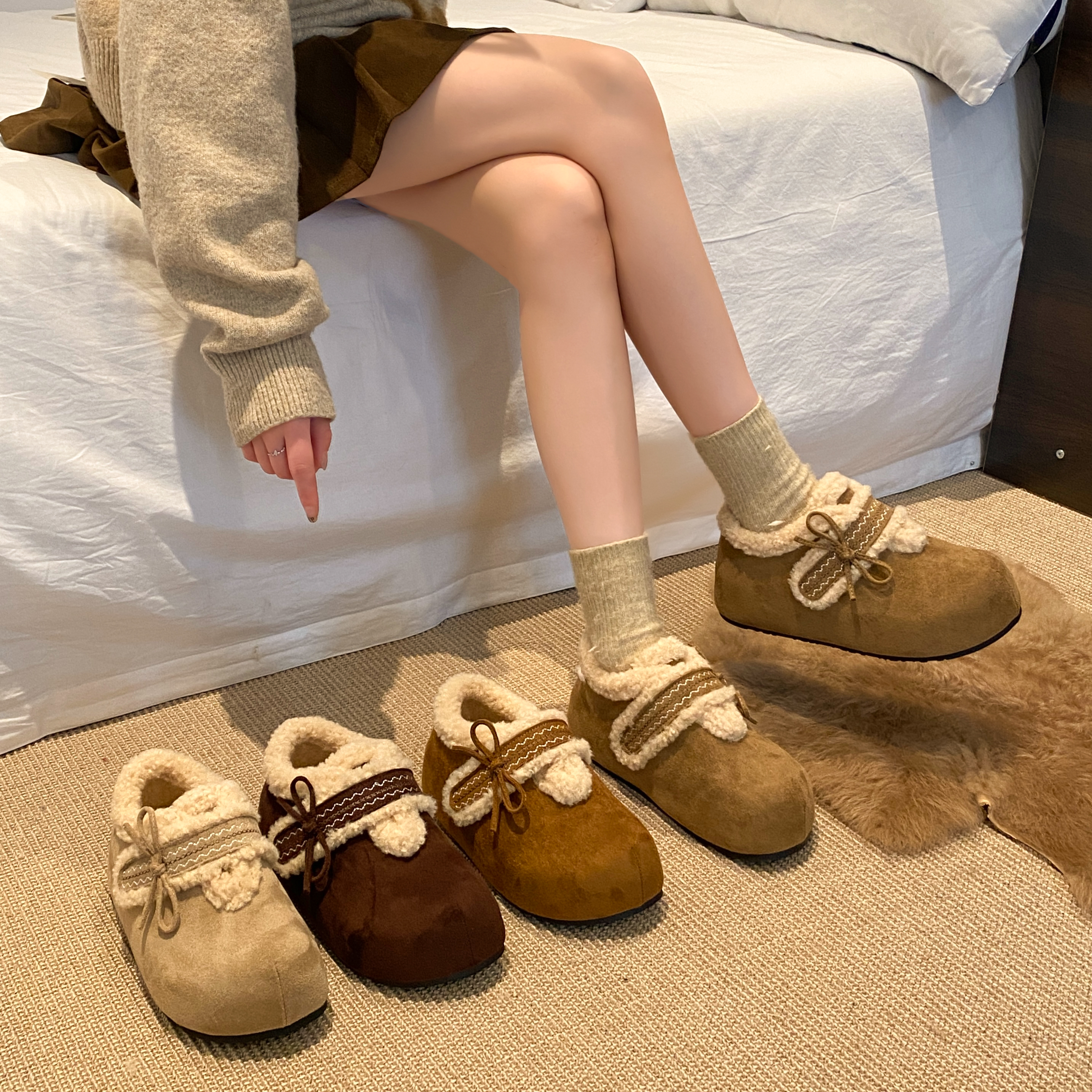 贾不假勃肯鞋女款2025冬季加绒保暖棉鞋厚底毛绒鞋子内增高毛毛鞋主图
