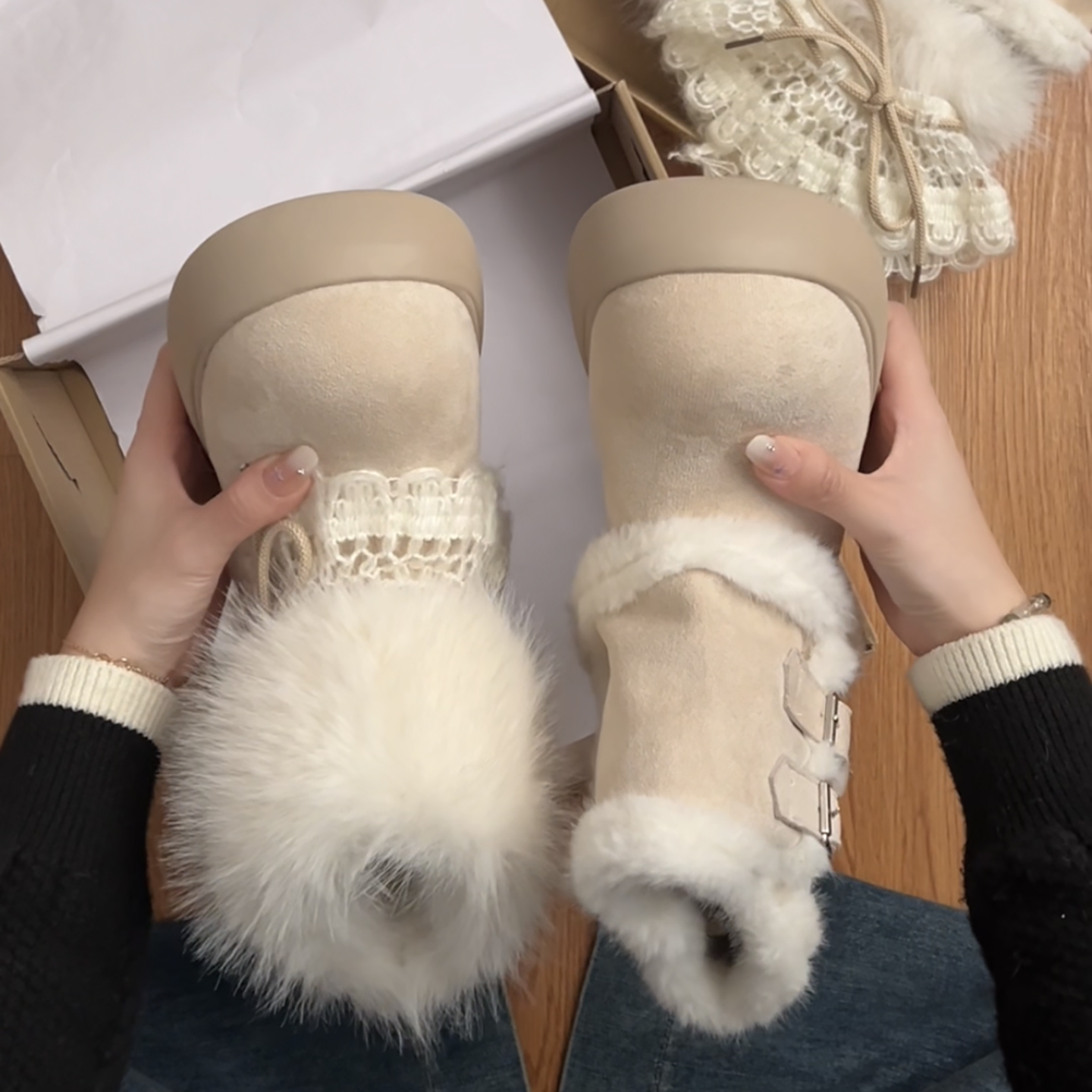 复古保暖外穿厚底雪地靴女款2025新款冬季加绒加厚费尔岛毛毛棉鞋主图