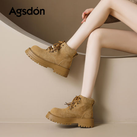 奥古狮登厚底马丁靴女款2025新款秋冬复古两穿大黄靴棕色绒面短靴