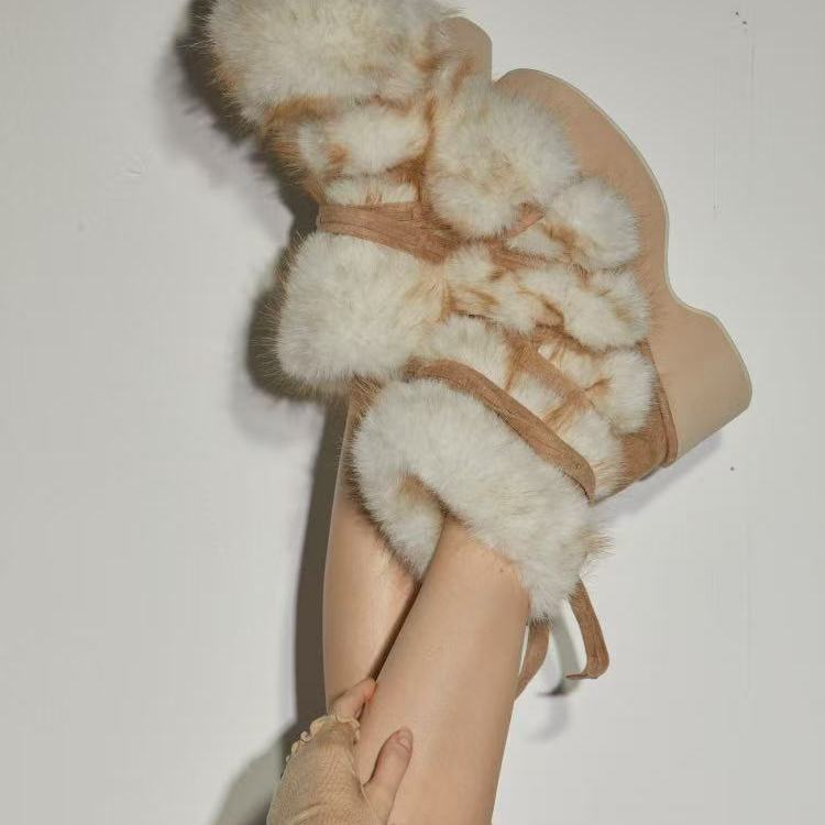 GATELESS seeubaby韩国东大门代购 加绒保暖毛毛绑带时装靴主图