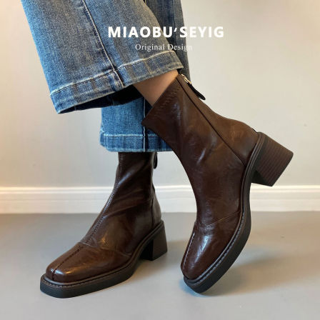 牛皮版~粗跟法式小短靴女2025新款秋冬单靴弹力瘦瘦靴高跟马丁靴