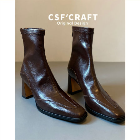 牛皮版~法式高跟短靴女2025秋冬新款复古通勤粗跟瘦瘦靴气质靴子