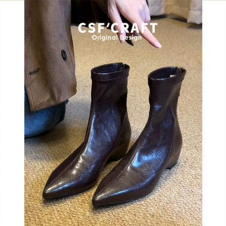 牛皮版~复古尖头内增高短靴女2025秋冬新款通勤百搭弹力瘦瘦靴子