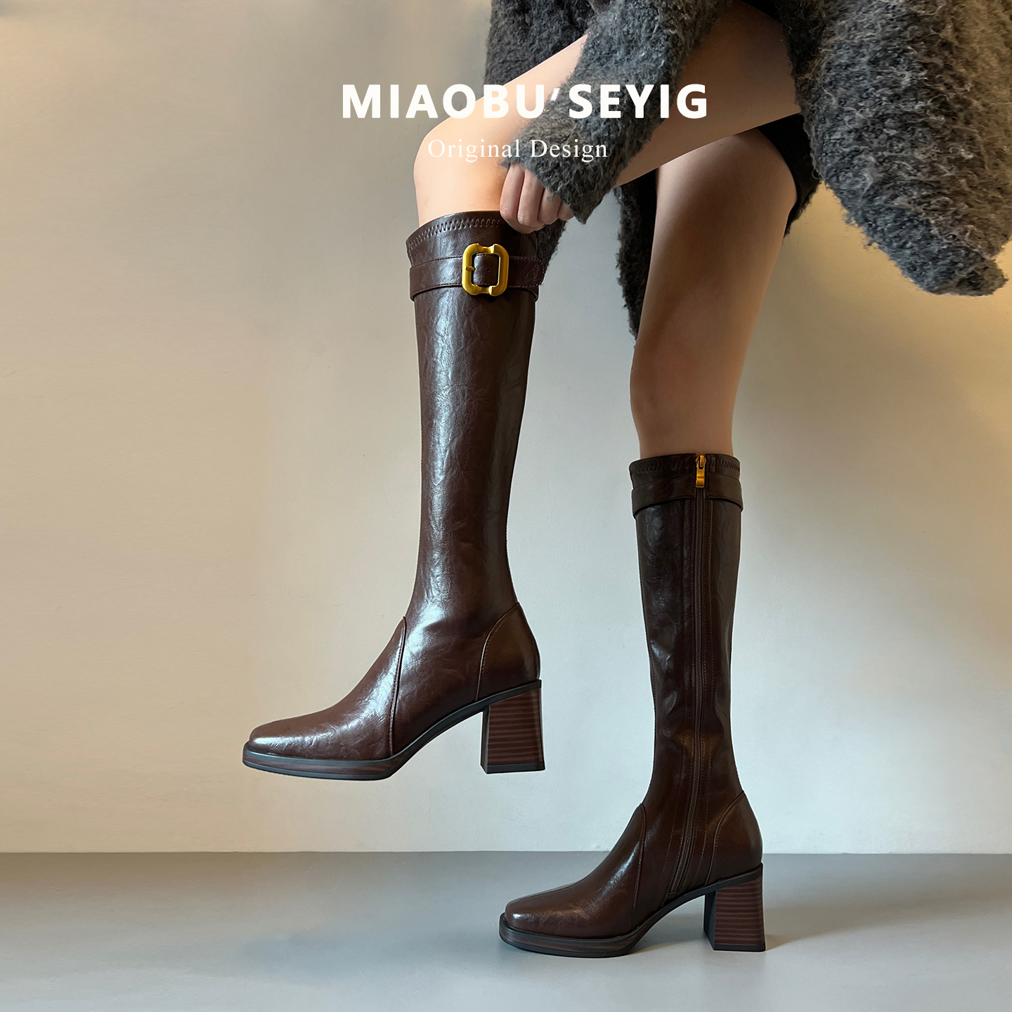 牛皮版~真皮金属扣厚底不过膝长靴粗跟长筒靴女高筒瘦瘦靴骑士靴主图
