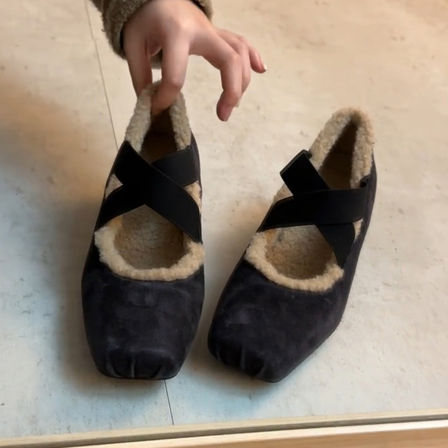 羊皮版~法式绒面交叉带方头加绒单鞋女内增高气质芭蕾风玛丽珍鞋