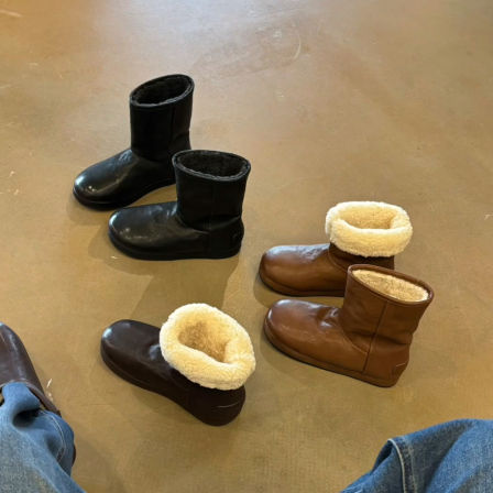 牛皮版~简约黑色时髦小众百搭雪地靴女羊羔毛真皮外穿休闲棉靴冬