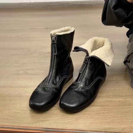 牛皮版~复古圆头加绒短靴两穿前拉链英伦风马丁靴百搭平底瘦瘦靴