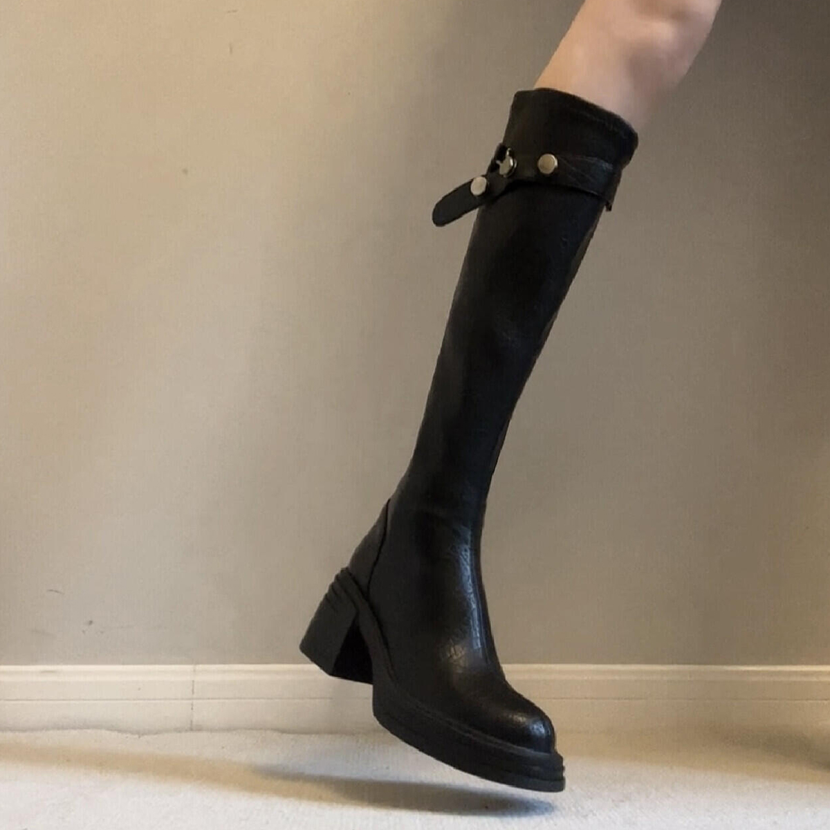 牛皮版~高级感气质软皮显瘦粗跟小个子长靴女侧拉链皮带扣骑士靴主图