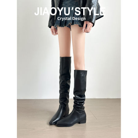 真皮~骄屿复古过膝长筒靴新款黑色尖头长靴显瘦骑士靴褶皱堆堆靴