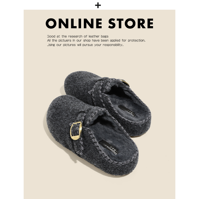 增高5CM~缝线版厚底半拖加绒勃肯鞋女秋冬外穿包头懒人毛毛博肯鞋主图