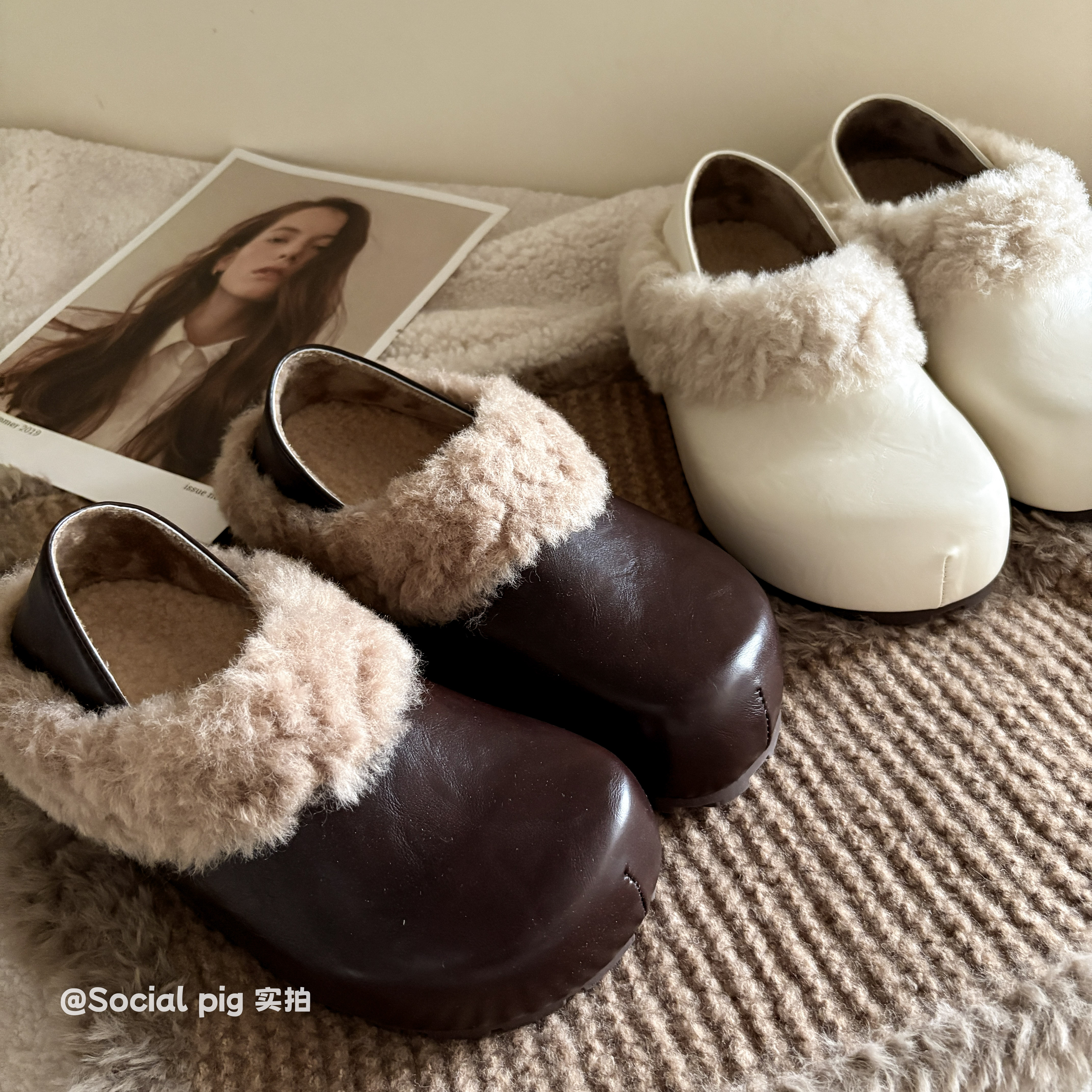 Social pig 增高厚底半拖勃肯鞋女秋冬外穿加绒包头懒人毛毛鞋主图