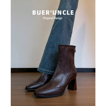 羊皮版！法式高跟短靴女冬季2025新款美拉德复古棕色粗跟瘦瘦靴子