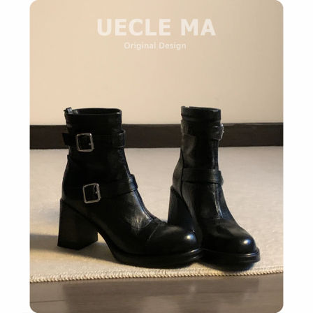 真皮高跟短靴女2025新款秋冬加绒厚底马丁靴巨好看法式粗跟瘦瘦靴