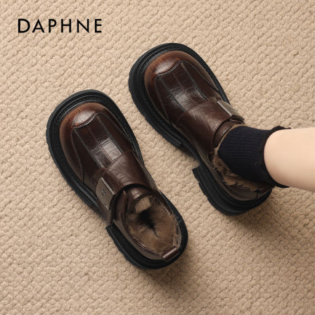 达芙妮棕色乐福鞋女2025新款冬季毛毛鞋增高厚底加绒皮鞋保暖棉鞋