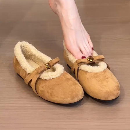 羊皮版~温柔山茶花一字带蝴蝶结玛丽珍鞋女浅口加绒平底毛毛单鞋