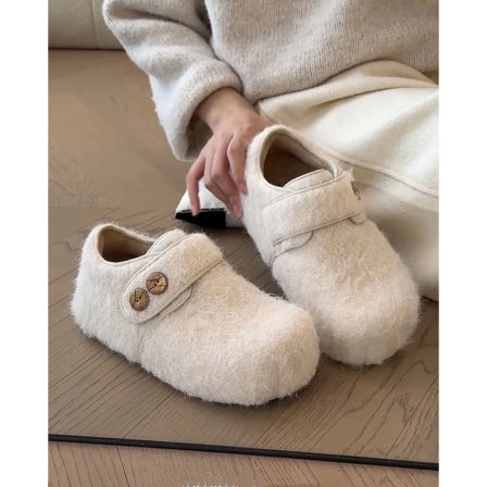 白色复古加绒全包勃肯鞋女2025新款冬季外穿厚底增高保暖毛毛棉鞋