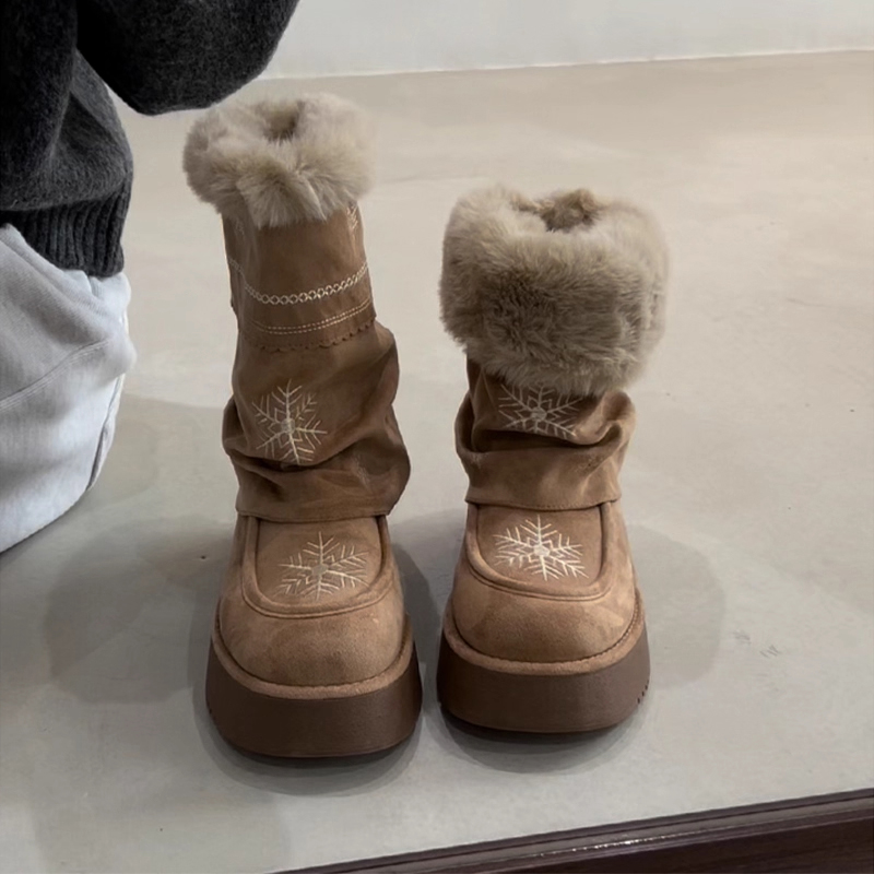 雪花刺绣厚底雪地靴女款2025冬季新款加绒保暖东北棉鞋中筒雪地棉主图