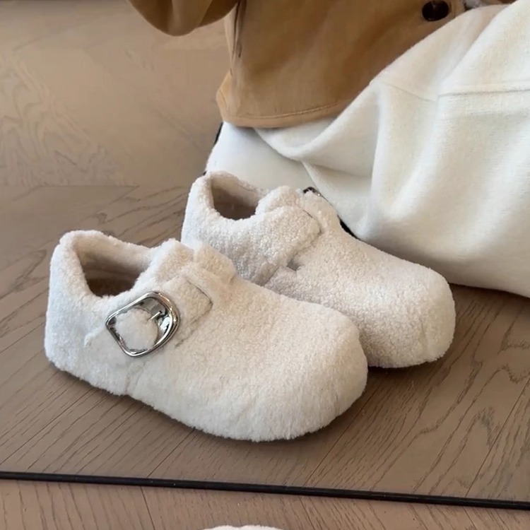 羊皮版~秋冬保暖加绒毛毛勃肯鞋女一字扣深口厚底小个子乐福单鞋主图