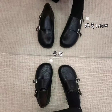 内增高5CM复古皮带扣小皮鞋女2025年秋冬新款通勤一脚蹬平底单鞋