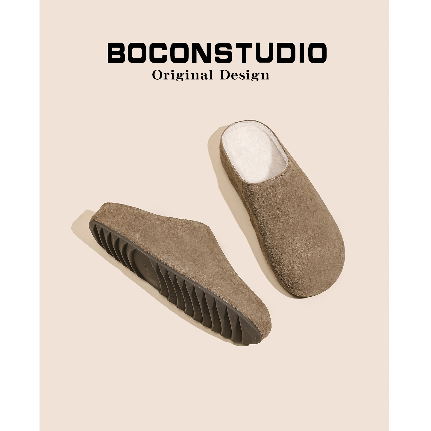 牛皮版~勃肯鞋加绒毛毛拖鞋女秋冬包头足弓支撑半拖鞋厚底穆勒鞋主图