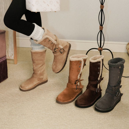 梨小七~皮带扣显瘦绒面复古雪地靴女厚底百搭时尚加绒高级棉靴子