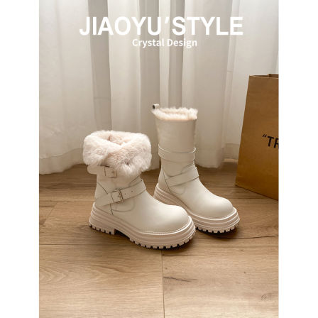 真皮~骄屿两穿雪地靴2025新款冬季厚底加绒保暖中筒白色东北棉鞋