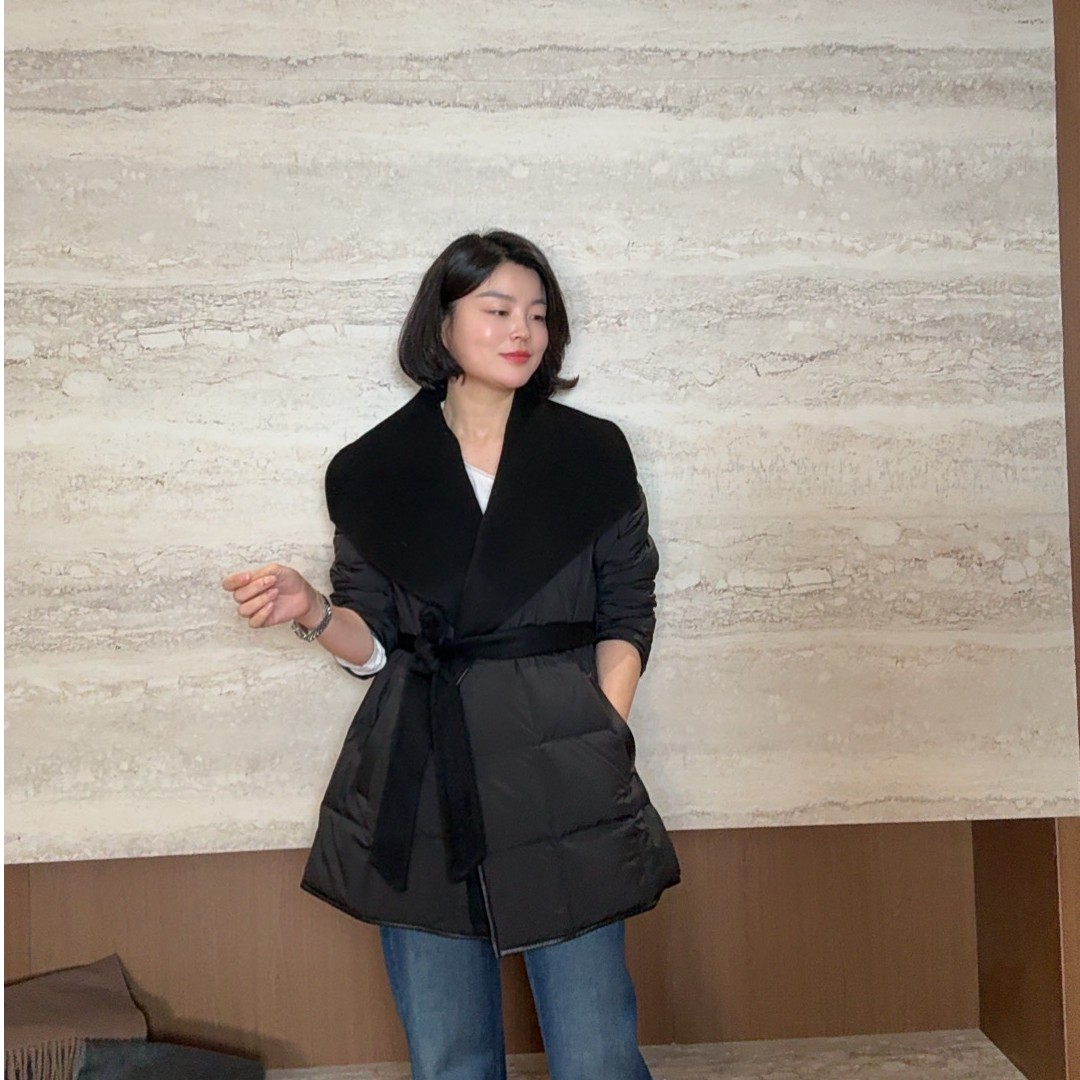 TANTAN时尚百搭收腰系带绵羊皮拼接休闲鹅绒服4209主图