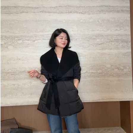 TANTAN时尚百搭收腰系带绵羊皮拼接休闲鹅绒服4209