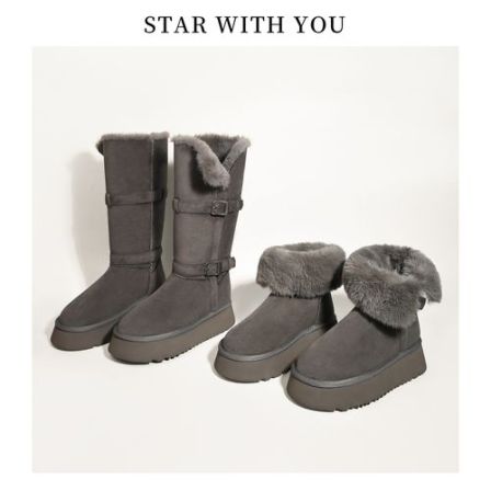 【STAR】冬季新款灰色厚底雪地靴时尚休闲加绒加厚大码女靴2/4cm