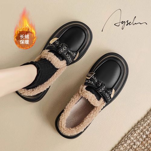 【奥古狮登】加绒乐福鞋冬厚底跟高3.5CM英伦风毛毛鞋534205AA主图
