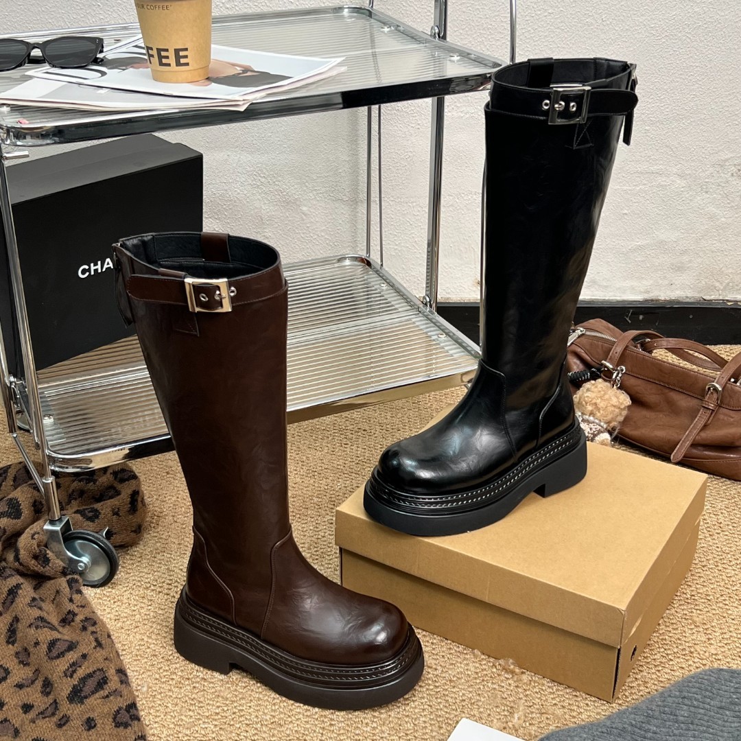 糖糖「冷光扣超模靴」时装款荔枝纹长筒靴厚底圆头长靴;EDX21216主图