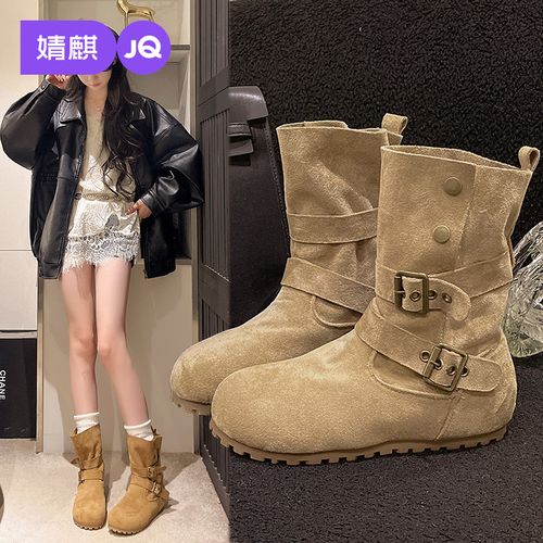 婧麒两穿复古加绒增高靴子女2025新款秋冬洋气百搭显瘦勃肯短靴女主图