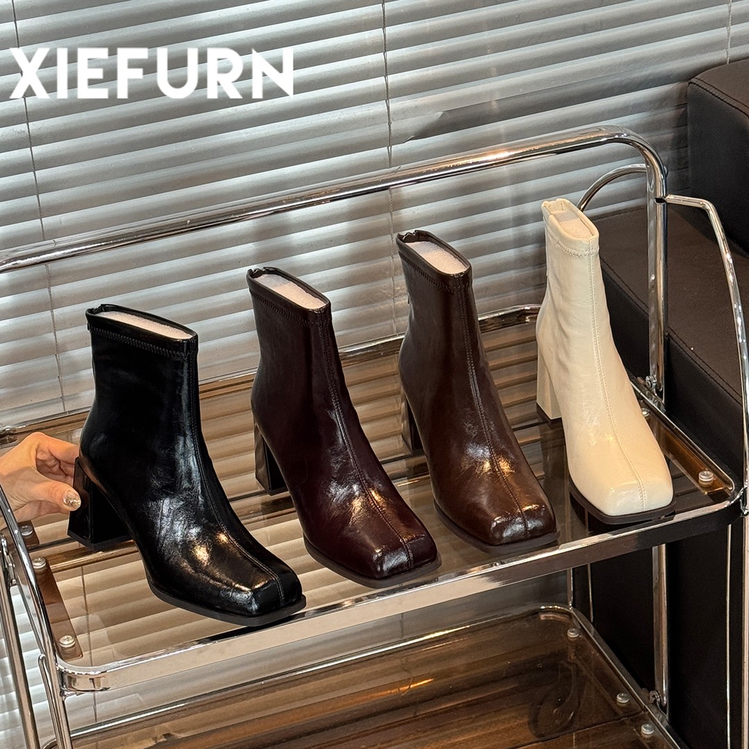 XIEFURN/鞋夫人短靴女2025秋冬新款马丁靴小个子法式粗跟瘦瘦靴主图