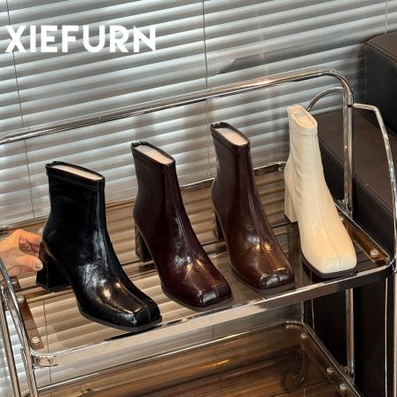 XIEFURN/鞋夫人短靴女2025秋冬新款马丁靴小个子法式粗跟瘦瘦靴
