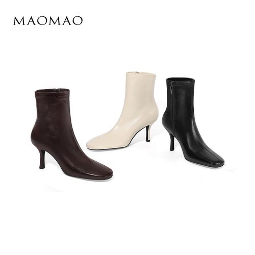 【跟高7cm】2025年秋冬新款纯色圆头细跟高跟靴侧拉链简约百搭女主图