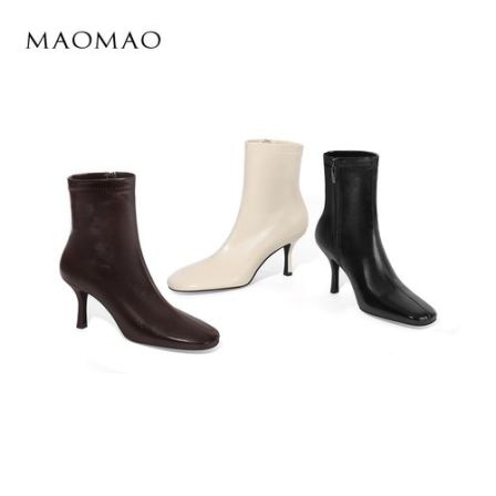 【跟高7cm】2025年秋冬新款纯色圆头细跟高跟靴侧拉链简约百搭女