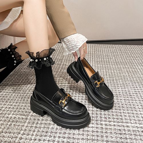 牛皮版～新款厚底乐福鞋英伦风小皮鞋女粗跟鞋黑色一脚蹬真皮单鞋主图