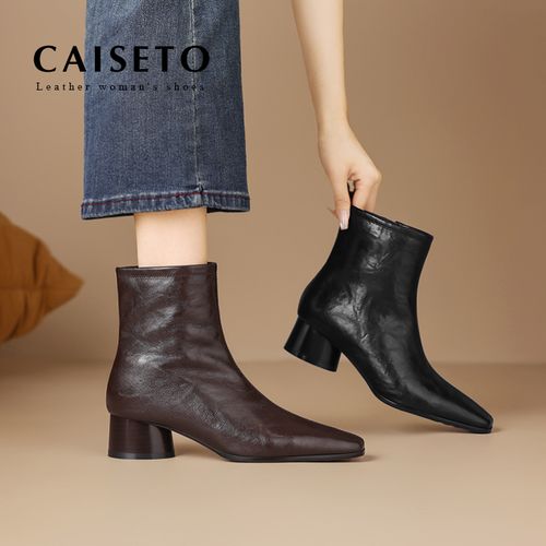 头层牛皮/4cm皮毛一体冬季新款方头粗跟保暖短靴女马丁靴5X287主图