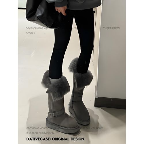 定制灰色高筒雪地靴女2025新款秋冬季厚底长靴加绒加厚保暖棉靴子主图