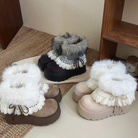 啄木鸟费尔岛毛毛厚底保暖雪地靴女款2025新款冬季加绒加厚棉靴子