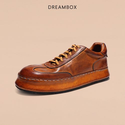 钧博男鞋2025新款男士休闲板鞋马皮复古纯手工厚底德训鞋主图